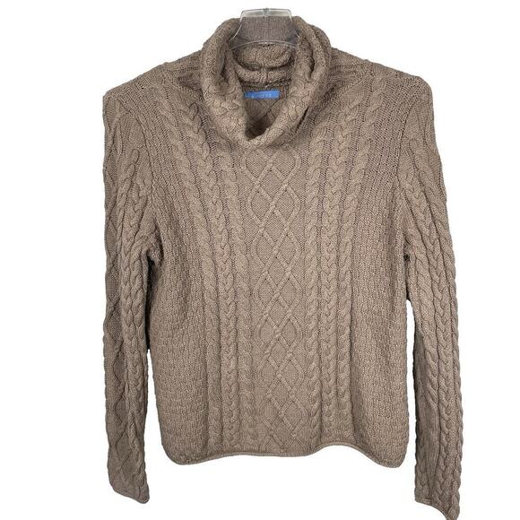 Burgess Sweaters - Burgess Cashmere Blend Cable Knit Sweater Women M Tan Soft Funnel Neck Fisherman